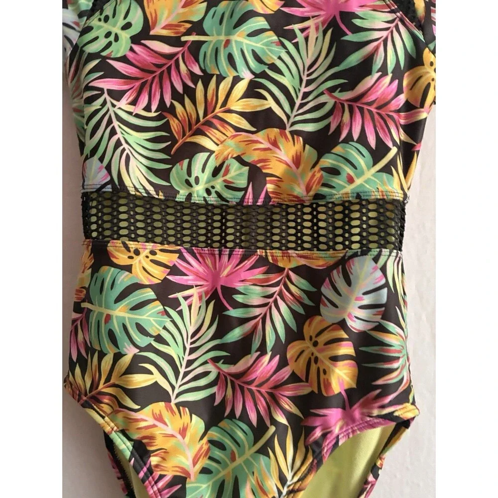 Art Class Girls Swimsuit L 10/12 Tropical Floral One Piece Mesh Zip Back